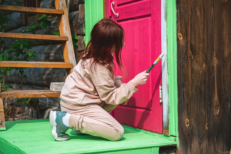 Foto menina bonita pintando a porta de uma casa de madeira em uma cor púrpura viva magenta brilhante