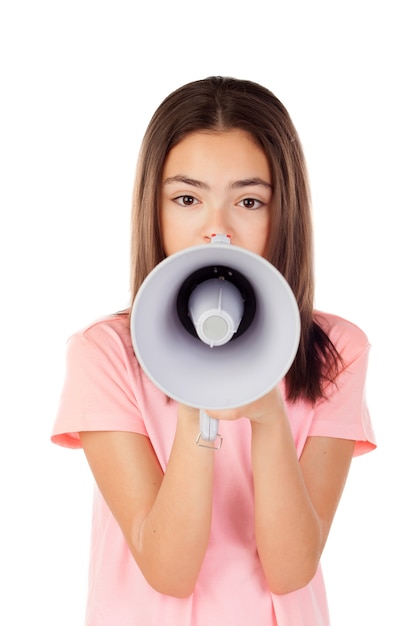 Foto menina bonita preteenager com um megafone