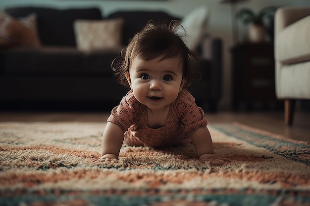 Menina bonita rastejando em um tapete na sala de estar