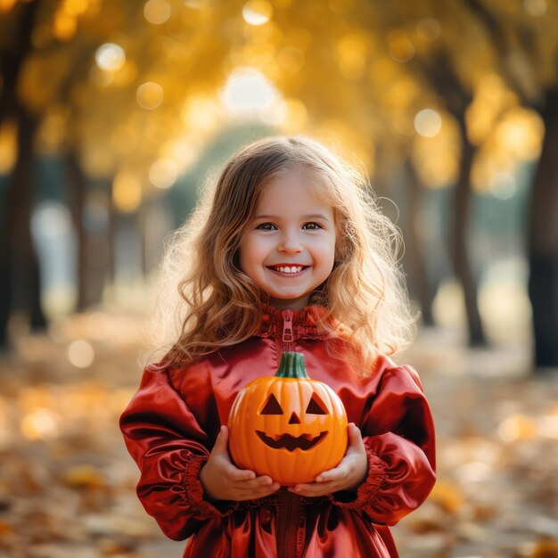 Menina bonita segurando uma abóbora de Halloween Jack o lanterna foto no fundo do parque de outono