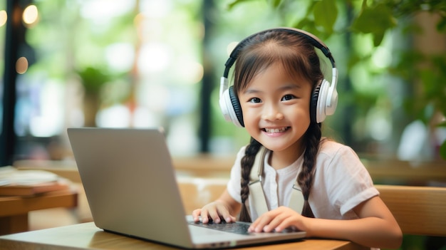 Menina bonita sentada e olhando em seu laptop criada com tecnologia Generative AI