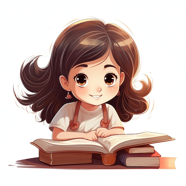 Menina bonita sorrindo e lendo livro isolado em fundo branco Generativo por IA