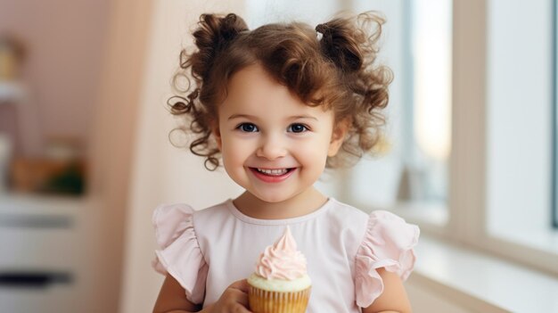 menina bonita sorrindo enquanto come cupcake doce dentro de casa