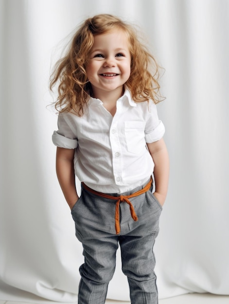 Menina bonita sorrindo modelo posando para a câmera no estúdio brilhante