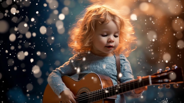 menina bonita tocando guitarra e fumaça brilhante no fundo