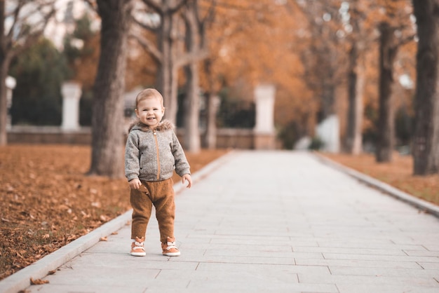 Foto menina bonita usa jaqueta com capuz e calças andando no parque de outono sobre folhas caídas