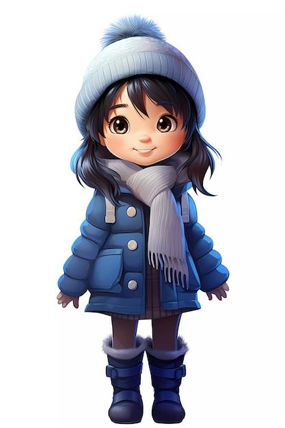 Menina bonita vestida com roupas de inverno personagem de desenho animado feliz