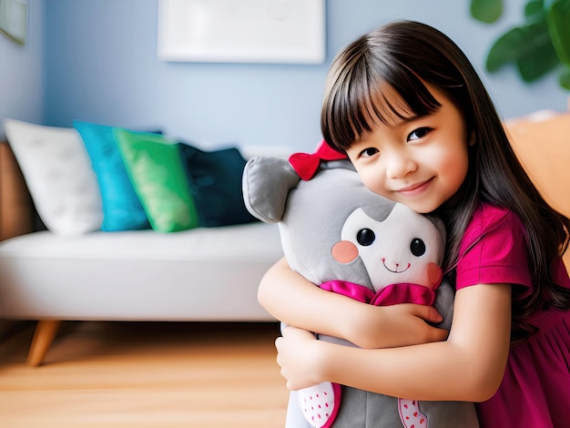 menina bonitinha abraçando boneca e sorrindo Generative AI
