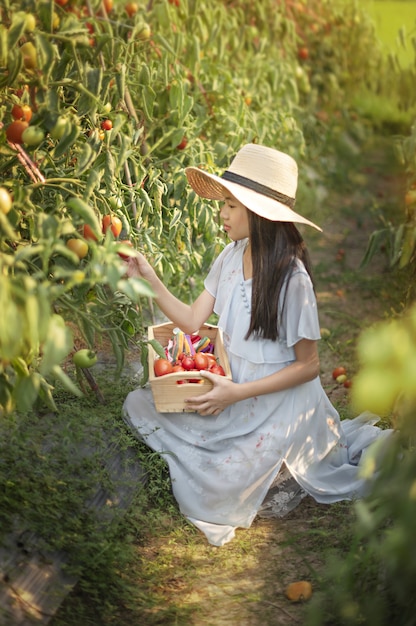 Menina bonitinha asiática com tomates vermelhos