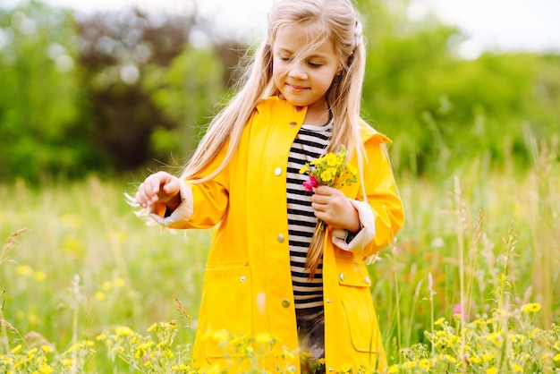 Menina bonitinha colhendo flores silvestres no prado Uma criança explora a natureza