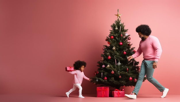 menina bonitinha com cabelos afro cacheados e o pai brincando perto da árvore de Natal à noite em rosa