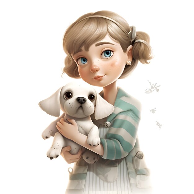 menina bonitinha com cachorro em uma pintura digital de fundo branco