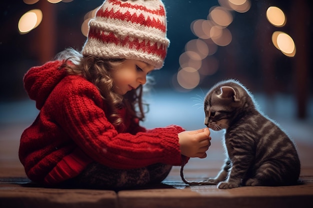 Menina bonitinha com fantasia vermelha de Natal brincando com um gatinho ao ar livre