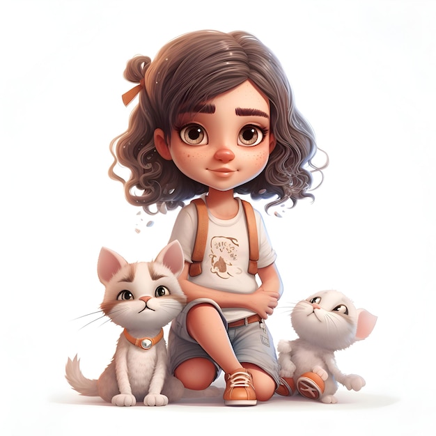 Menina bonitinha com gato na renderização 3d de fundo branco