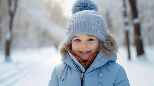 Menina bonitinha com roupas azuis de inverno sorrindo e andando enquanto a neve cai ao ar livre