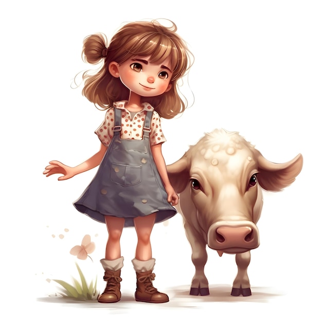 Foto menina bonitinha com uma ilustração vetorial de personagem de desenho animado de vaca