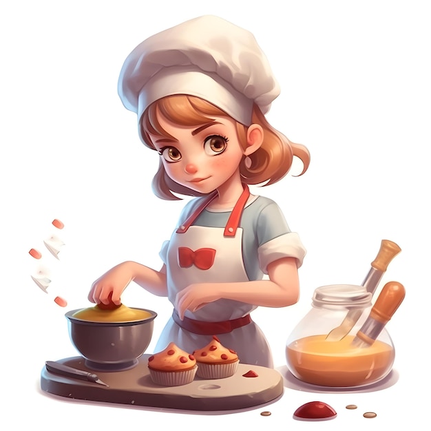 Menina bonitinha cozinhando muffins na cozinha ilustração vetorial de desenhos animados