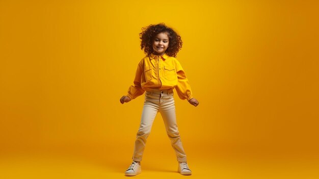 menina bonitinha dançando em um fundo amarelo feito por IA generativa