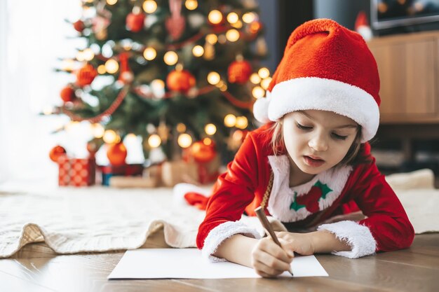 Menina bonitinha de 56 anos com chapéu de Papai Noel, deitada perto da árvore de Ano Novo, escrevendo sua carta sincera para o Papai Noel