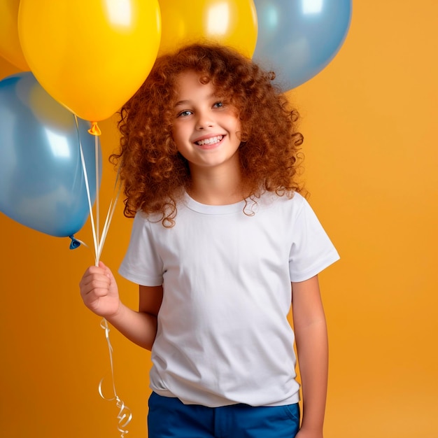 Menina bonitinha de cabelos cacheados com balão azul e amarelo na mão, camiseta absolutamente branca