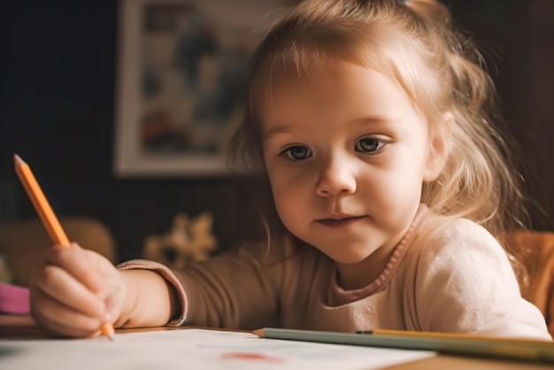 Foto menina bonitinha desenhando com lápis enquanto está sentada à mesa na sala de aula generative ai