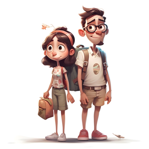 Menina bonitinha e menino com ilustração de malas de viagem