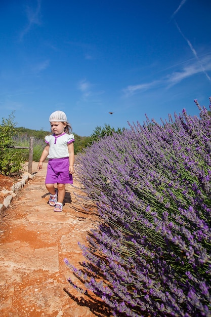 Menina bonitinha em um campo de lavanda Arbusto de lavanda florescendo completamente contra o céu azul