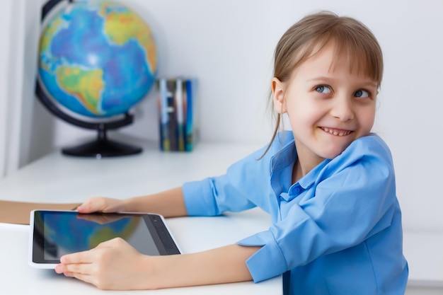 Menina bonitinha está sentada à mesa com seu laptop e estudando online