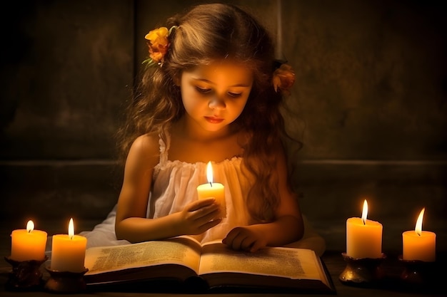 Menina bonitinha lendo o livro da Bíblia Sagrada Adoração em casa