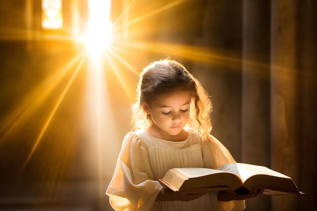 Menina bonitinha lendo o livro da Bíblia Sagrada Adoração na igreja