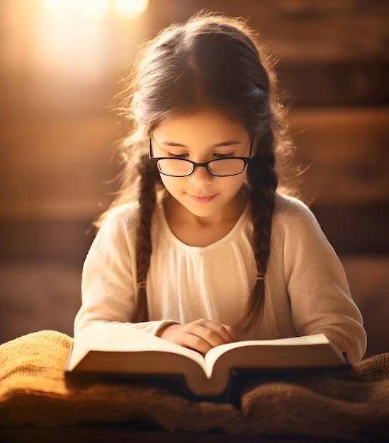 Menina bonitinha lendo o livro da Bíblia Sagrada Adoração na igreja