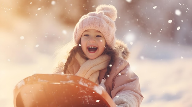 Menina bonitinha se divertindo na neve durante o Natal