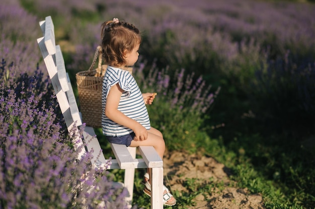 Menina bonitinha senta-se no banco no campo de lavanda Pôr do sol de verão