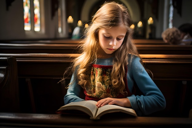 Menina bonitinha sentada no banco e lendo o livro da Bíblia Sagrada Adoração na igreja