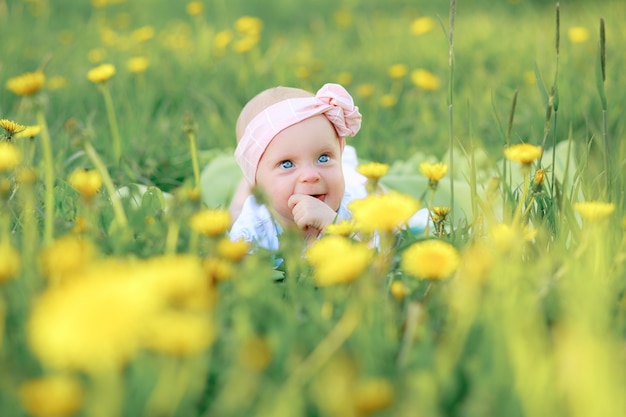 Menina bonitinha soprando em flores no prado. foto de alta qualidade