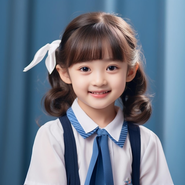 menina bonitinha sorrindo em uniforme escolar azul