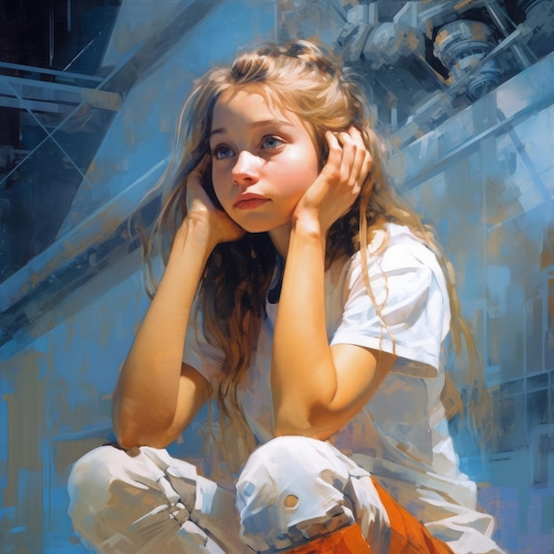 Menina branca pensando e duvidando ilustração Personagem jovem com rosto sonhador em fundo abstrato Ai gerou pôster colorido desenhado brilhante