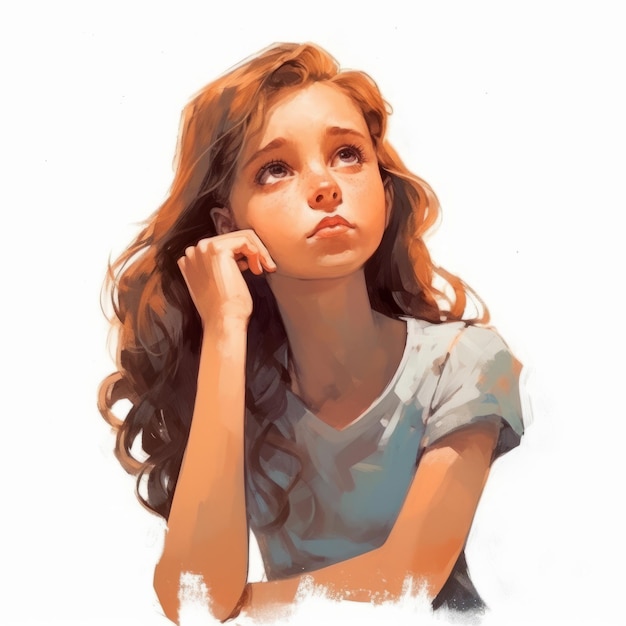Menina branca pensando e duvidando ilustração Personagem jovem com rosto sonhador em fundo abstrato Ai gerou pôster colorido desenhado brilhante