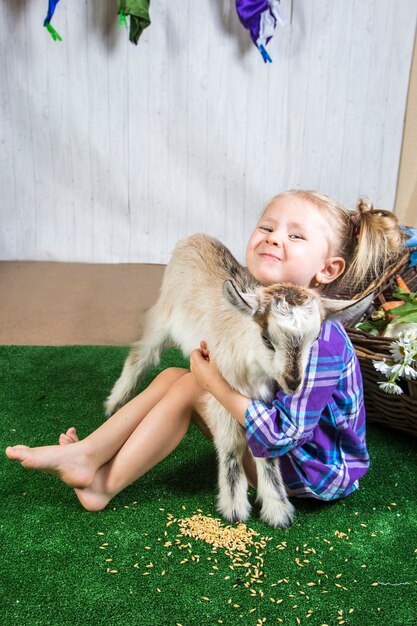 Menina brincando com cabras em fazendas