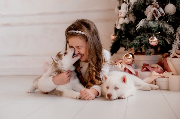 Foto menina brincando com filhotes husky perto de árvore de natal