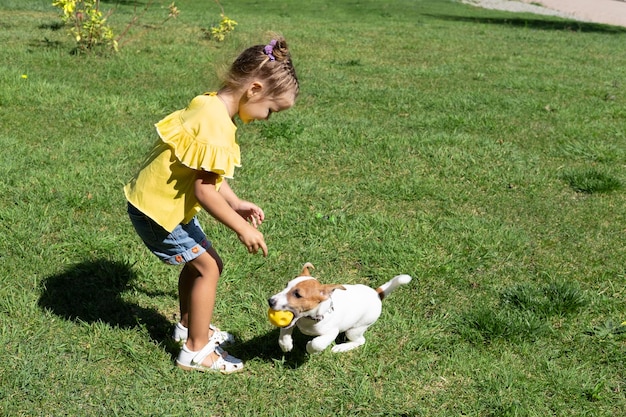 Menina brincando com seu cachorro de estimação jack russell terrier no parque