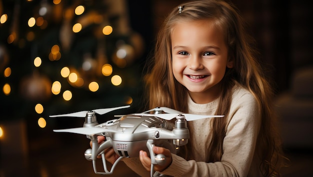 Menina brincando com um drone na sala com uma árvore de Natal