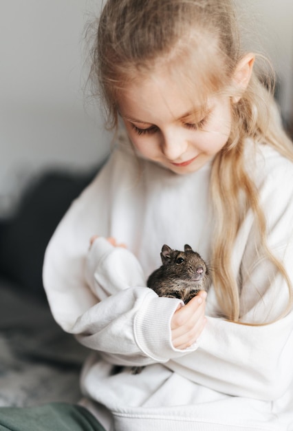 Menina brincando com um pequeno esquilo de animal degu