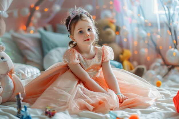 Menina brincando com um traje de princesa cercada de brinquedos IA generativa