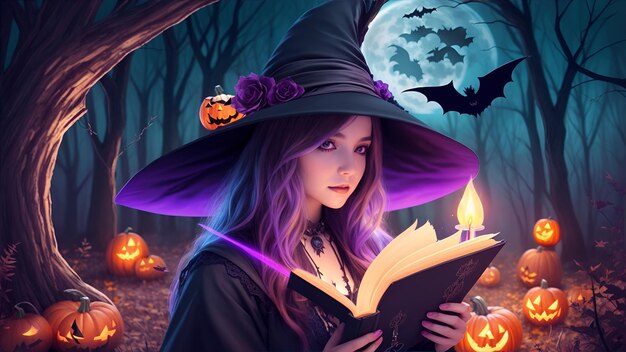 Menina bruxa de Halloween com livro mágico de retrato de feitiços Bela jovem com chapéu de bruxas conjurando fazendo bruxaria Sobre fundo de floresta mágica escura assustadora AI Generative