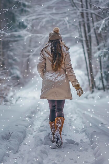 Menina caminhando na floresta coberta de neve