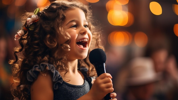 Foto menina cantando em um microfone em um show à noite