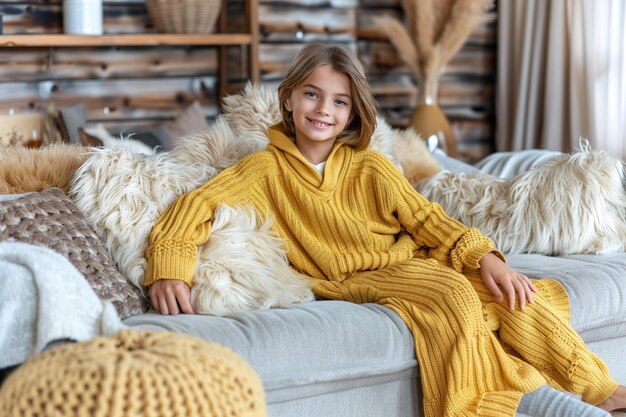 Menina caucasiana vestindo vestido amarelo sentada no sofá sorrindo