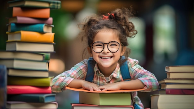 Menina cercada de livros e sorrisos em fundo desfocado criada com tecnologia de IA generativa