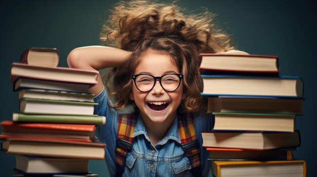 Foto menina cercada por livros e sorrisos em fundo verde escuro criado com tecnologia generative ai